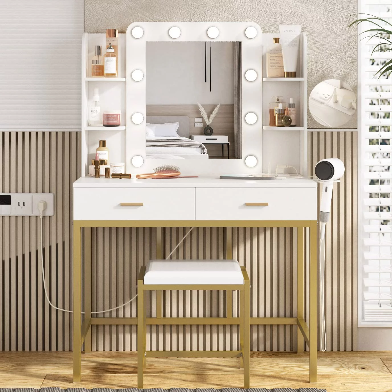 Makeup Vanity with Lighted Mirror & Power Strip, White Vanity Set Vanity Desk with Hair Dryer Holder, Modern Makeup Vanity 3 Lighting Colors, Brightness Adjustable, 35.5in(W)