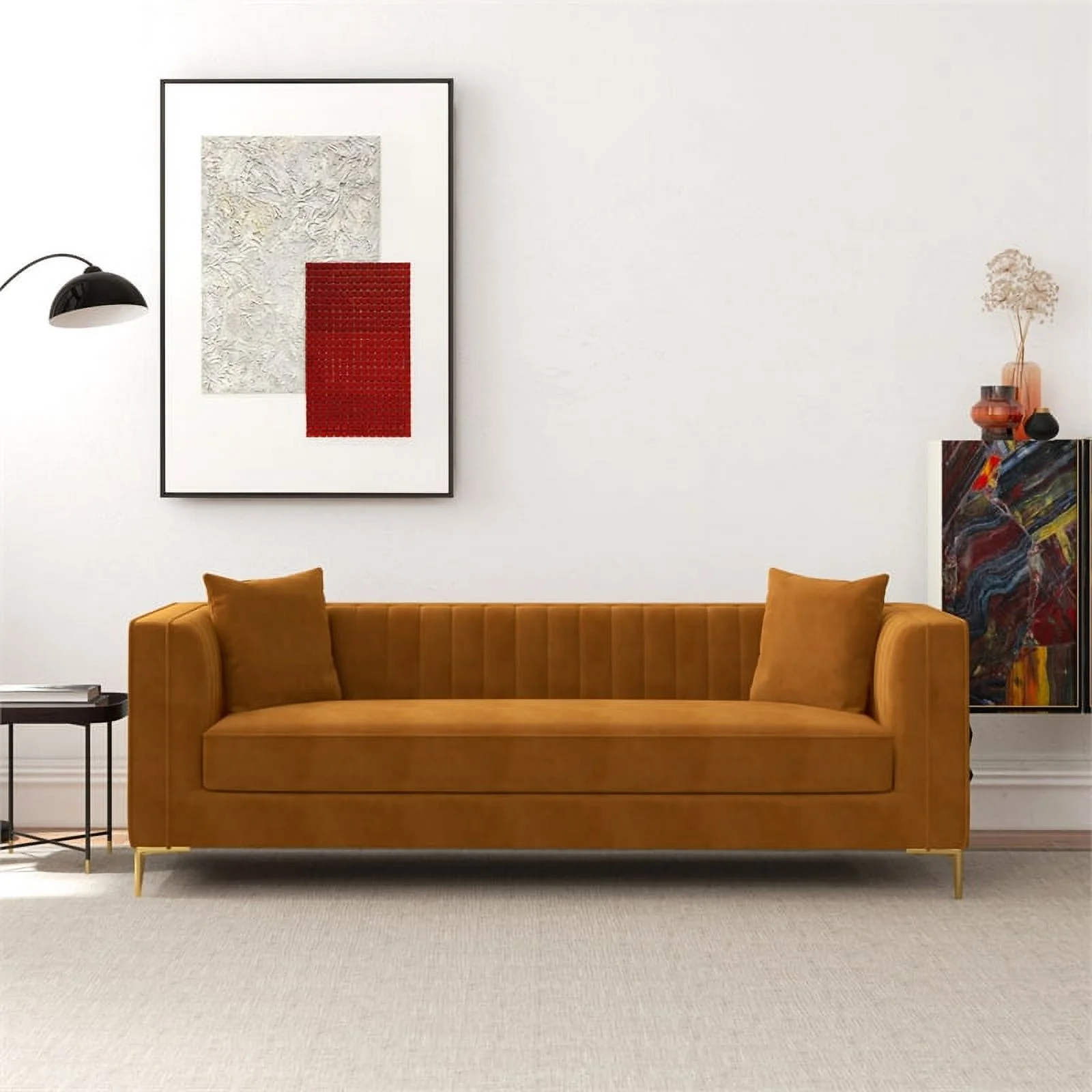 Kali Mid Century Modern Style Velvet Square Arm Living Room Couch in Cognac Tan