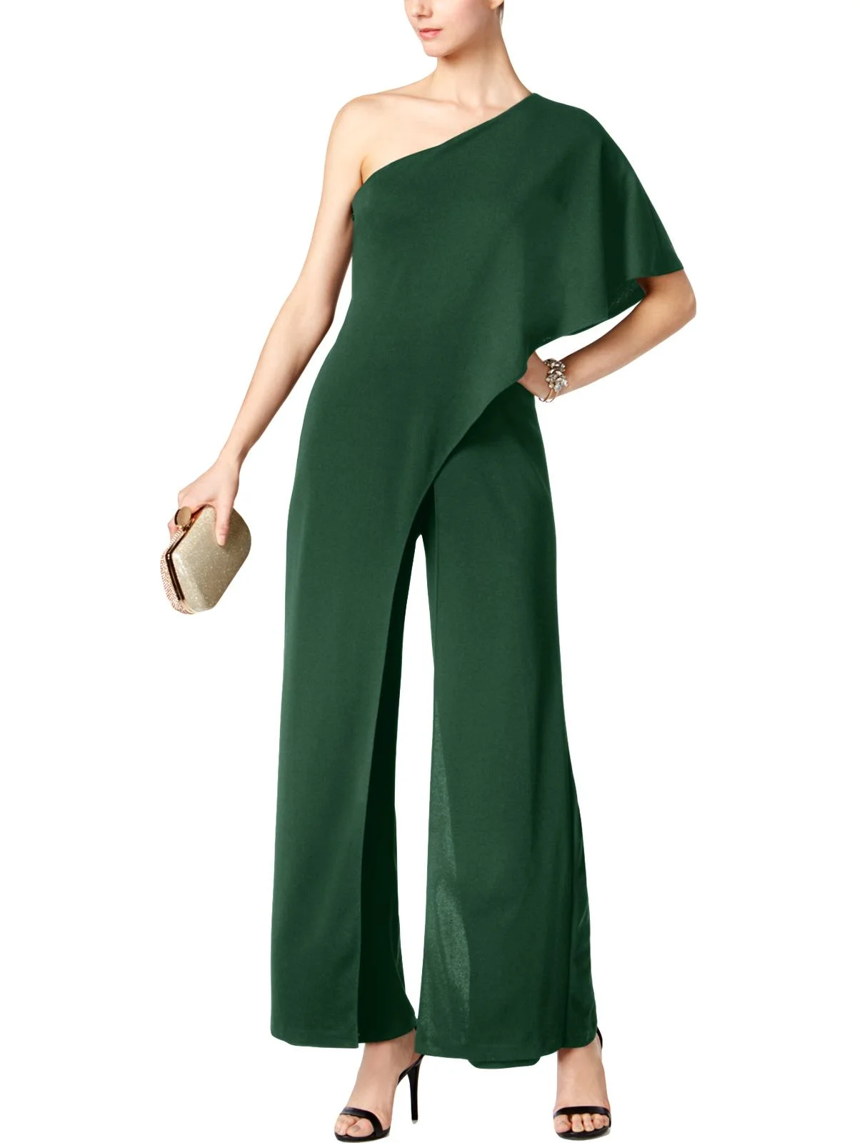 Adrianna Papell Asymmetrical One Shoulder Cape Sleeve Solid Jumpsuit (Petite)-DUSTY EMERALD