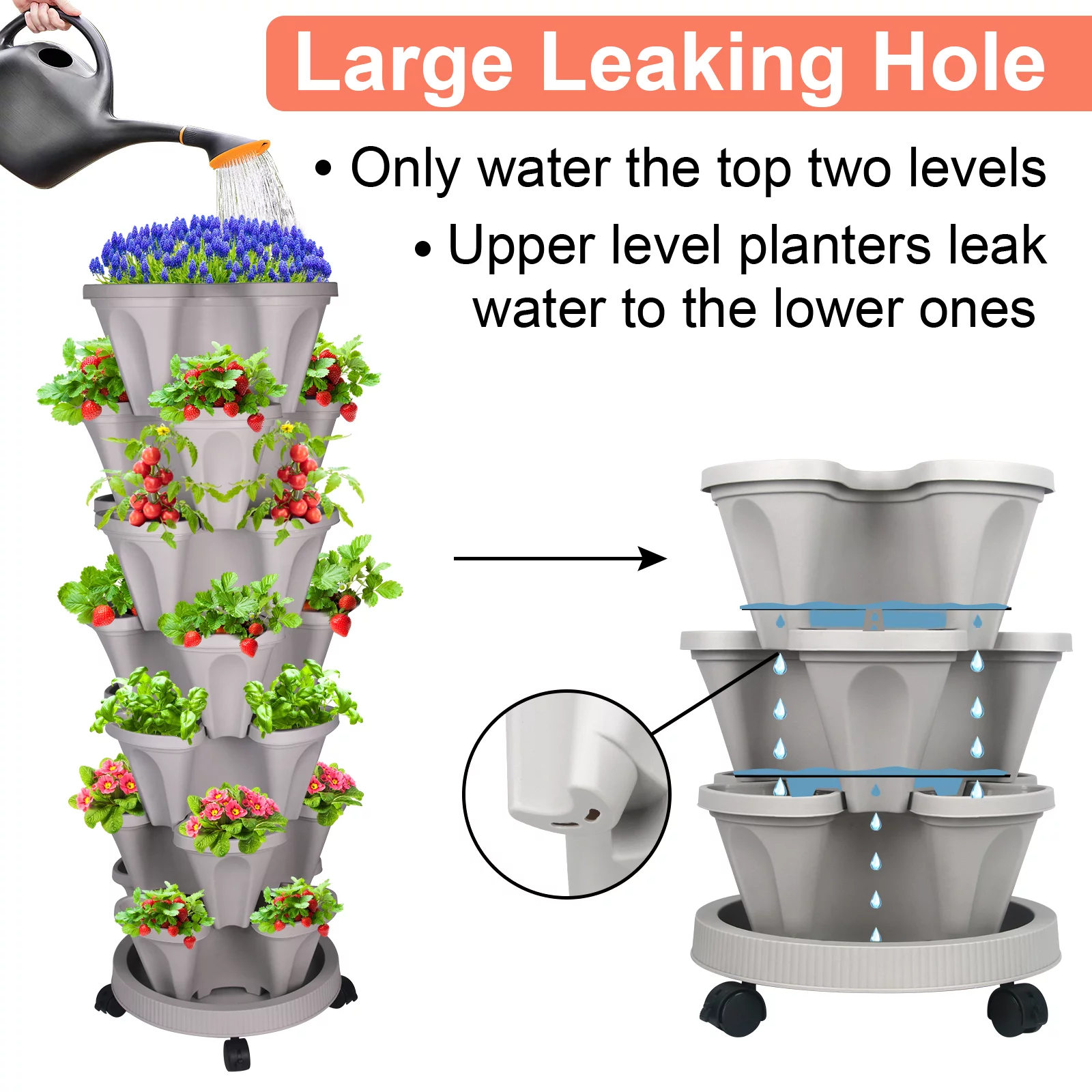 7 Tier Vertical Gardening Stackable Planter for Strawberries, Flowers, Herbs, Vegetables, Gray