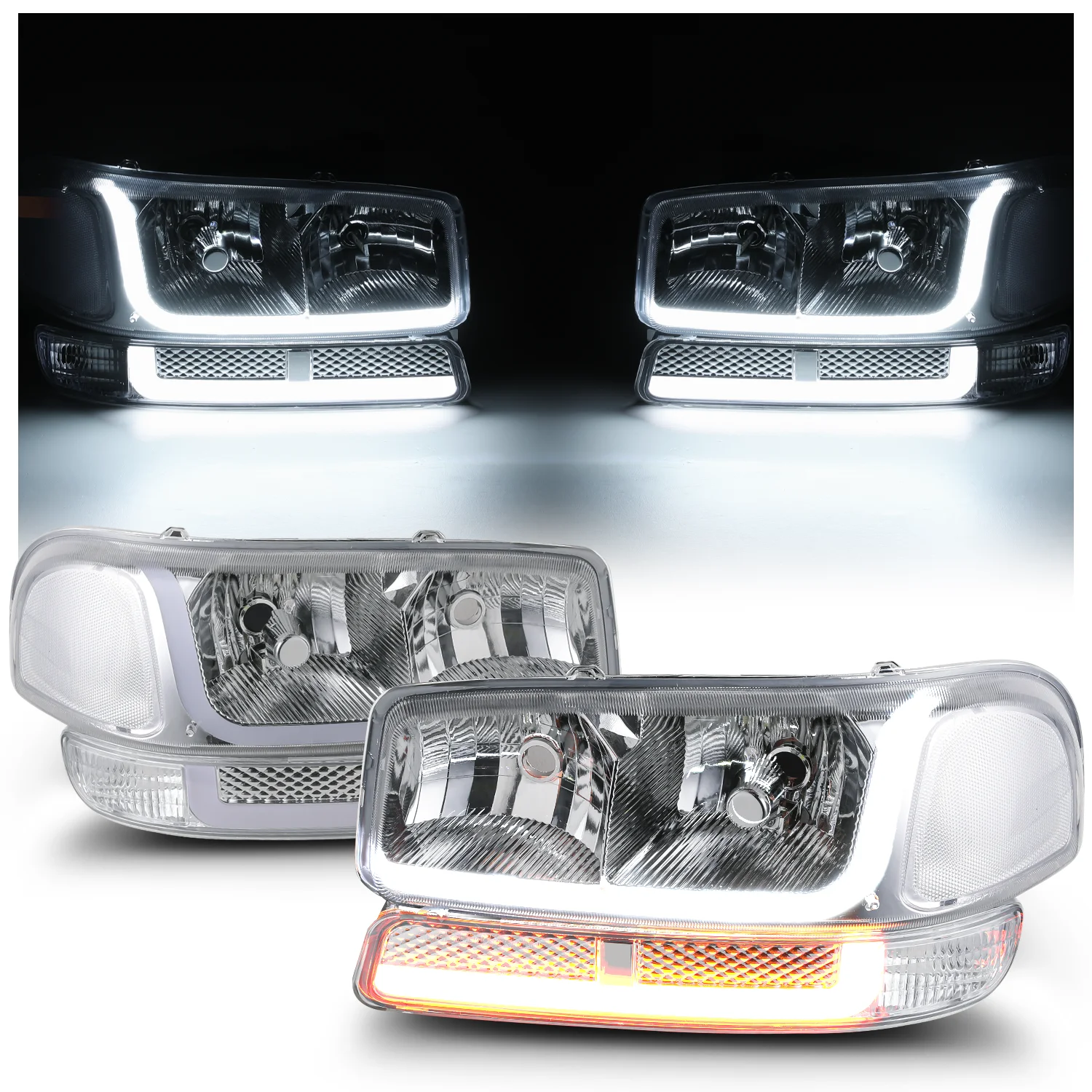 M-AUTO Switchback LED Tube DRL Headlights Assembly for 99-07 GMC Sierra 1500/99-04 2500/ 01-07 1500 HD/2500 HD/3500 HD/99-06 Yukon/00-06 Yukon XL 1500/2500 Truck