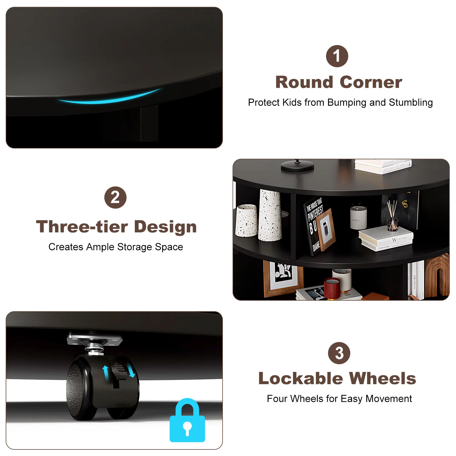 Hironpal 31.5-Inch Round Coffee Table with Wheels,2-Tiers Storage Sofa Side Table for Home Office,Black