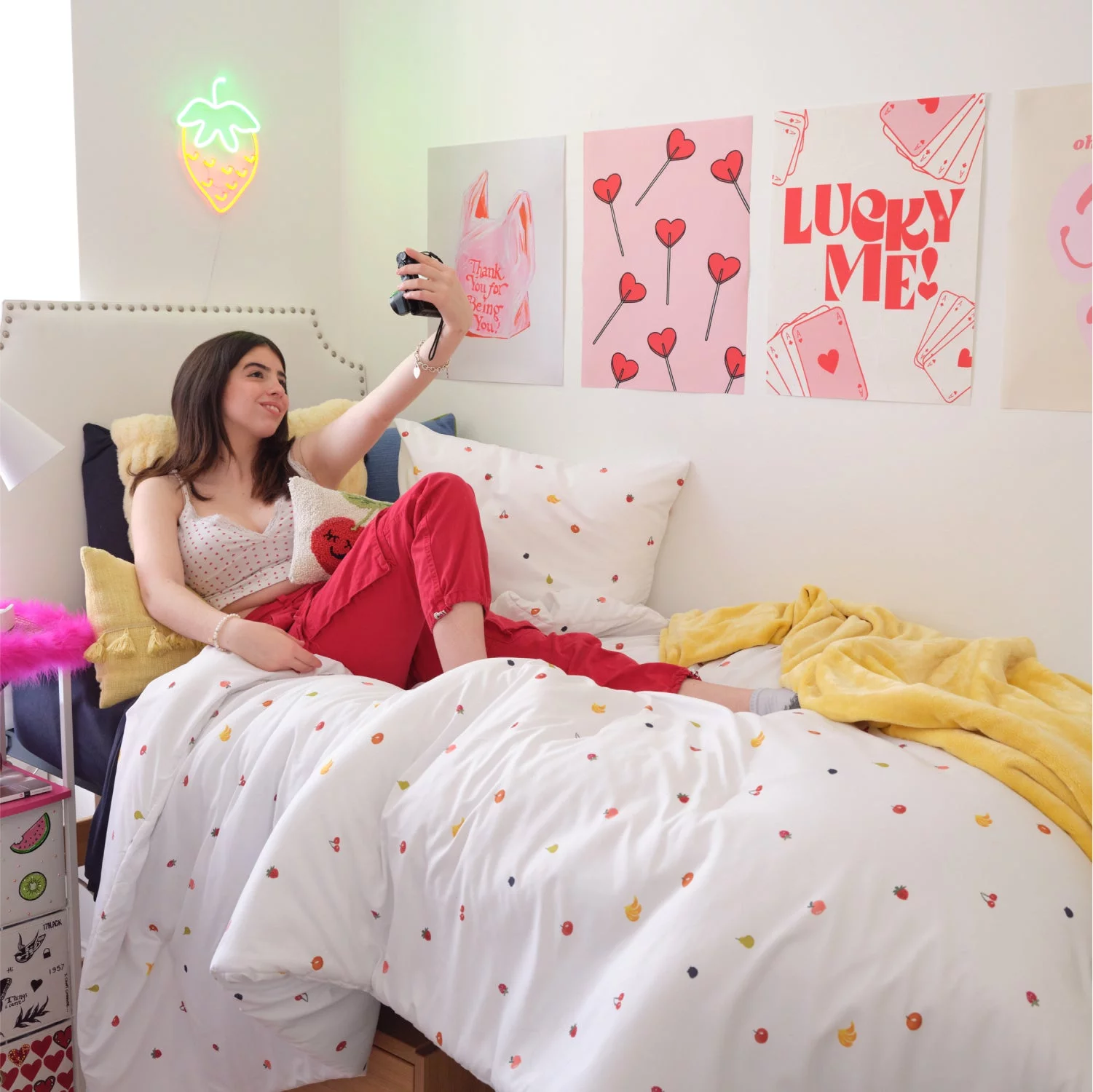 Dormify Fruit Showers Comforter and Sham Set, White & Rainbow Fruits, Full/Queen, Dorm & College Essentials