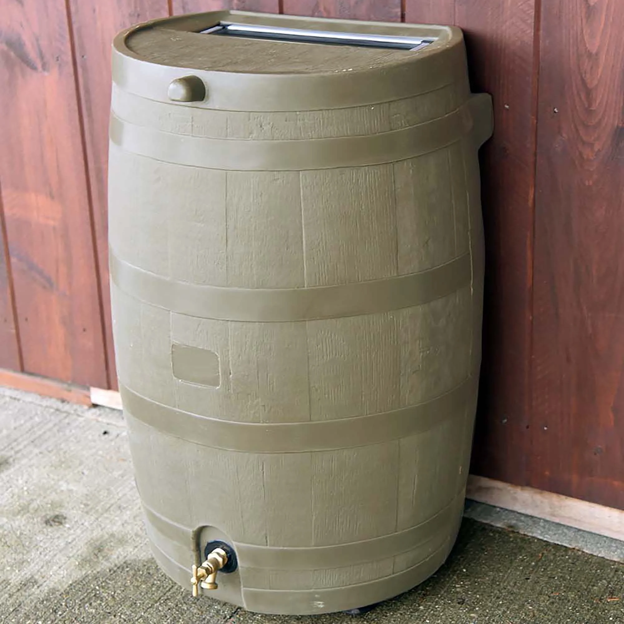 RTS Home Accents Polyethylene 50 Gallon Flat Back Brass Spigot Rain Barrel, Oak Color