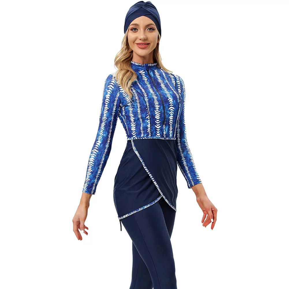 OBEEII Muslim Swimsuits For Women 3 Pieces Long Sleeve Modest Swimwear Lslamic Arabic Swimming Costume Hijab Burkini M Denim Blue