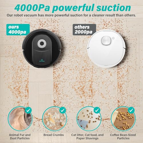 Robot Vacuum and Mop Combo, 4000Pa Suction, Self-Charging Smart Vacuum Cleaner with Water Tank & Dustbin, App Control, Ideal for Pet Hair, Hard Floors & Carpets (Black)