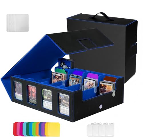 Trading Card Storage Box for MTG TCG Magic Cards,4-Row Deck Box with Commander Display,3200+ Deck case with Portable Handle &4 Supports & 24 Dividers&1 Dice Tray(Black & Grey)