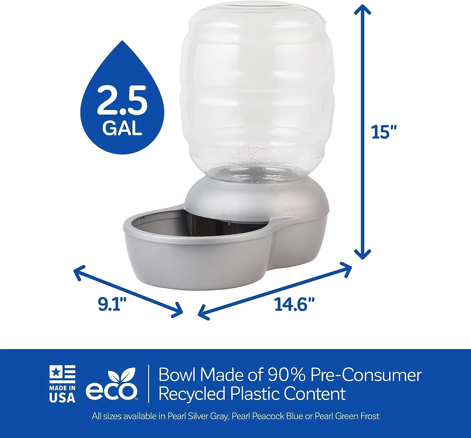 Petmate Replendish Gravity Pet Waterer with Microban for Cats and Dogs, 4 Gallons, Silver