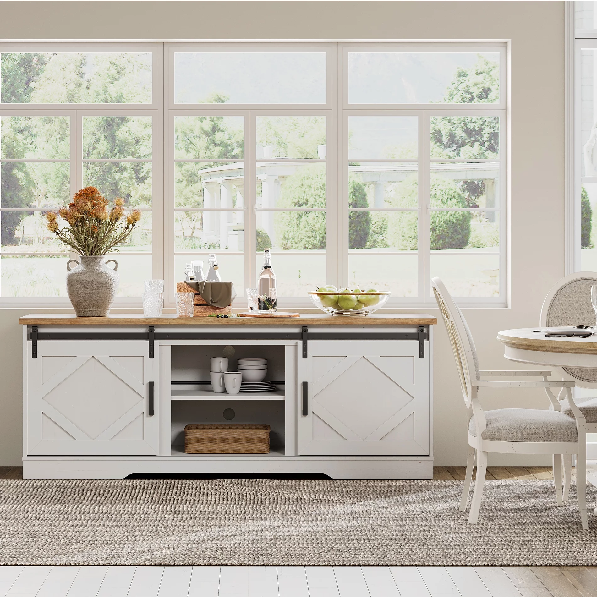 WAMPAT Farmhouse TV Stand Modern Sliding Barn Door Entertainment Center for TVs Up to 75 inch, Wood TV Media Console Table Cabinet Storage for Living Room White