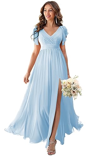 Loyeloy V Neck Flutter Sleeves Bridesmaid Dresses with Slit 2024 Chiffon Aline Pleats Formal Evening Gowns for Women YJ071