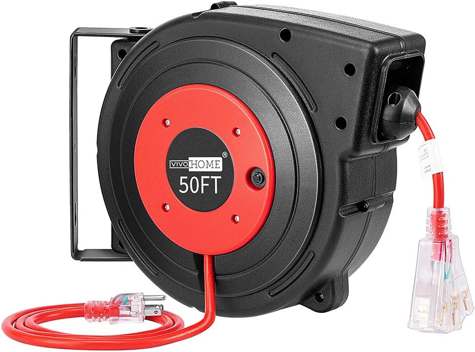 VIVOHOME 14AWG/3C SJTOW Heavy Duty 50 Feet Retractable Extension Cord Reel with Ceiling Wall Mount Swivel Bracket and LED Light Connector