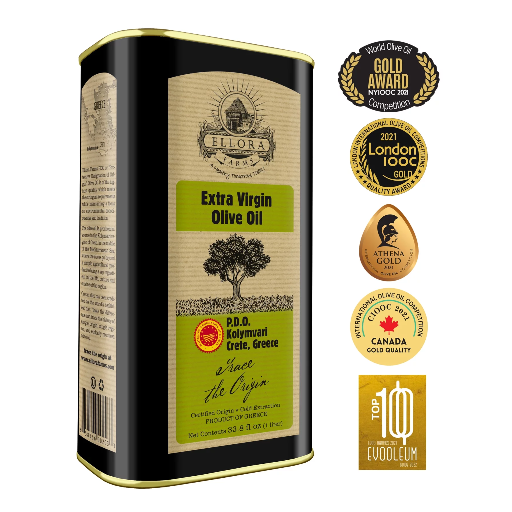 Ellora Farms, Greek Extra Virgin Olive Oil, Global Award Winner, Single Estate Certified PDO, First Cold Pressed, High in Polyphenols, Kosher (33.8 oz) 1 Liter Tin