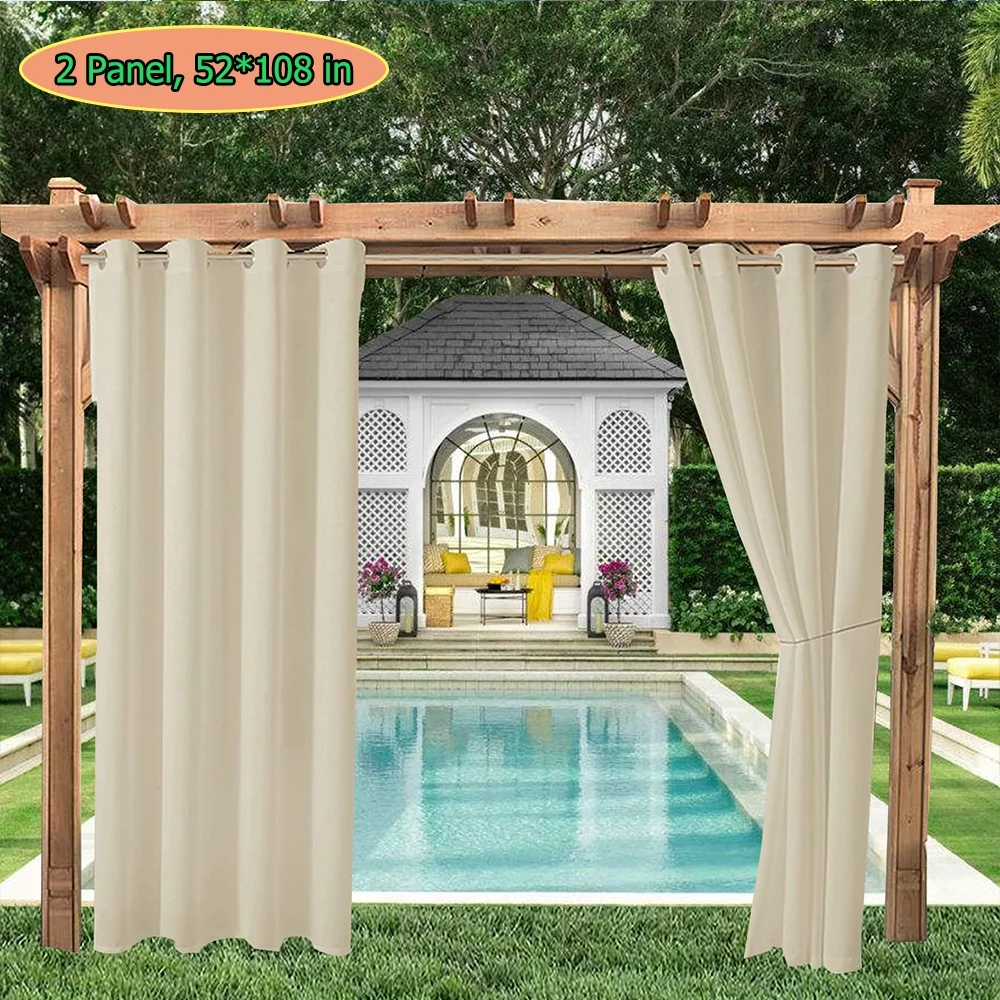LiveGo Blackout Outdoor Patio Curtains - Weatherproof, Sun Blocking, UV and Fade Resistant Cabana Grommet Top Curtains for Gazebo, Front Porch, Pergola, Yard, 52*108 in, 2 Panel, Beige