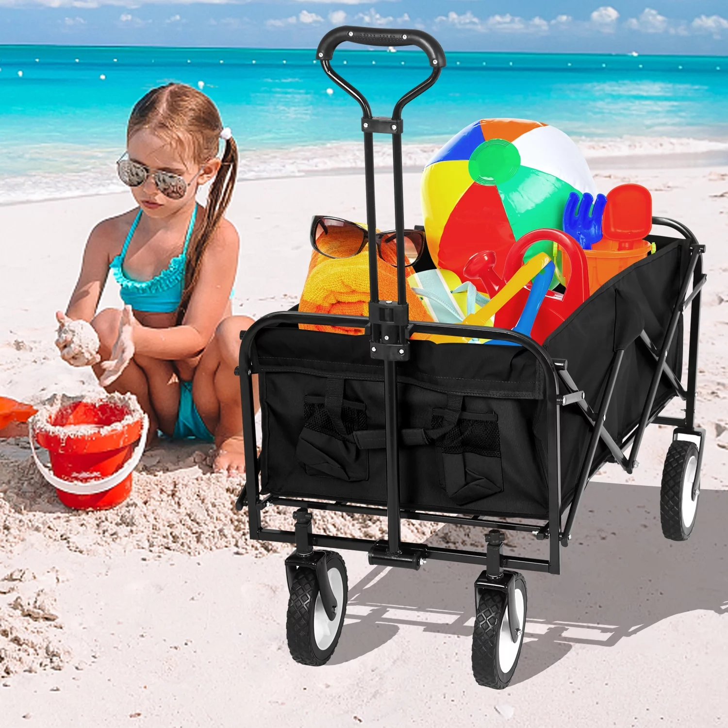 Dkelincs Collapsible Wagon Cart Portable Folding Wagon Heavy Duty Utility Beach Wagon Garden Cart with All-Terrain Wheels, Black