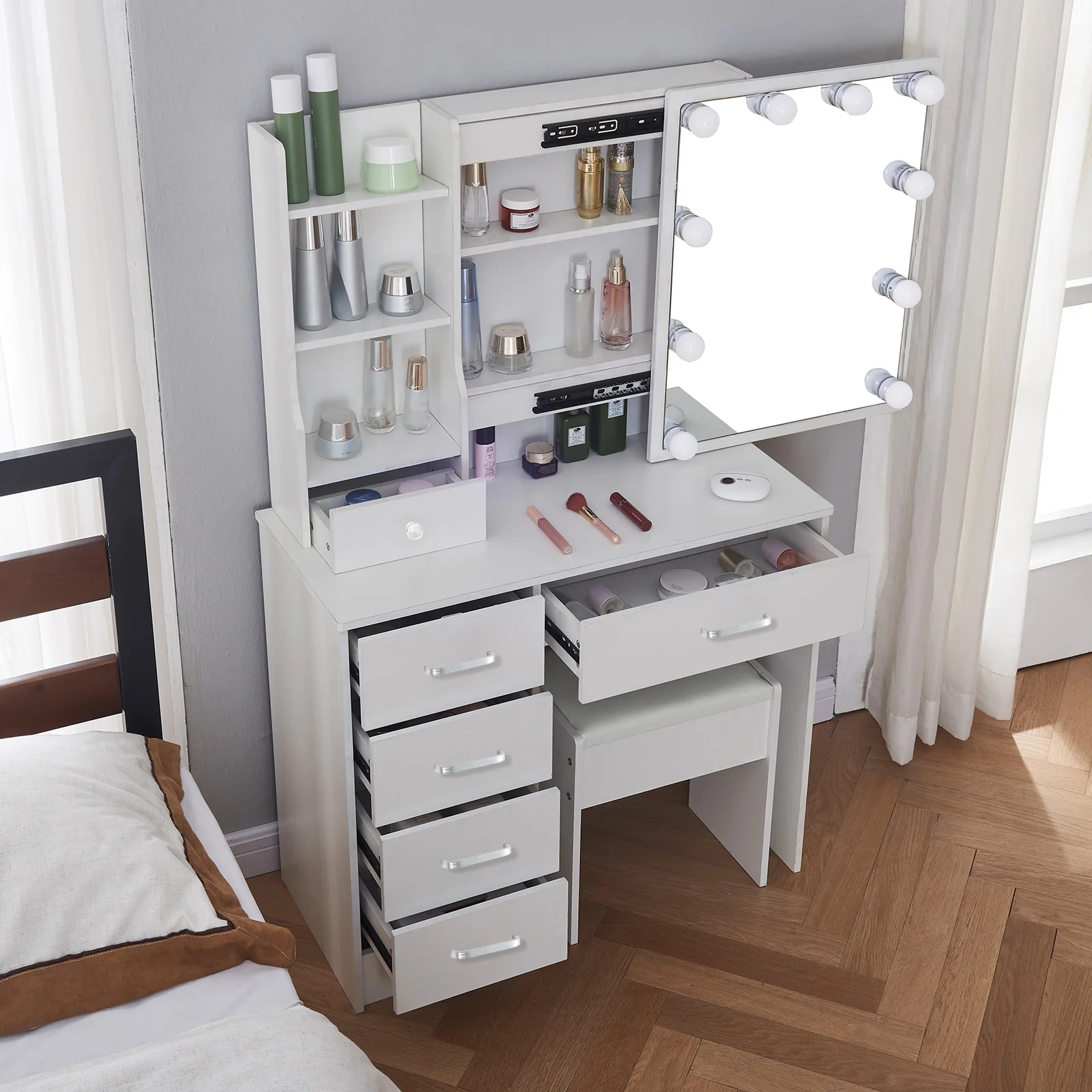 Jarbalai Makeup Vanity for Bedroom Makeup Table with Mirror and Lights, White