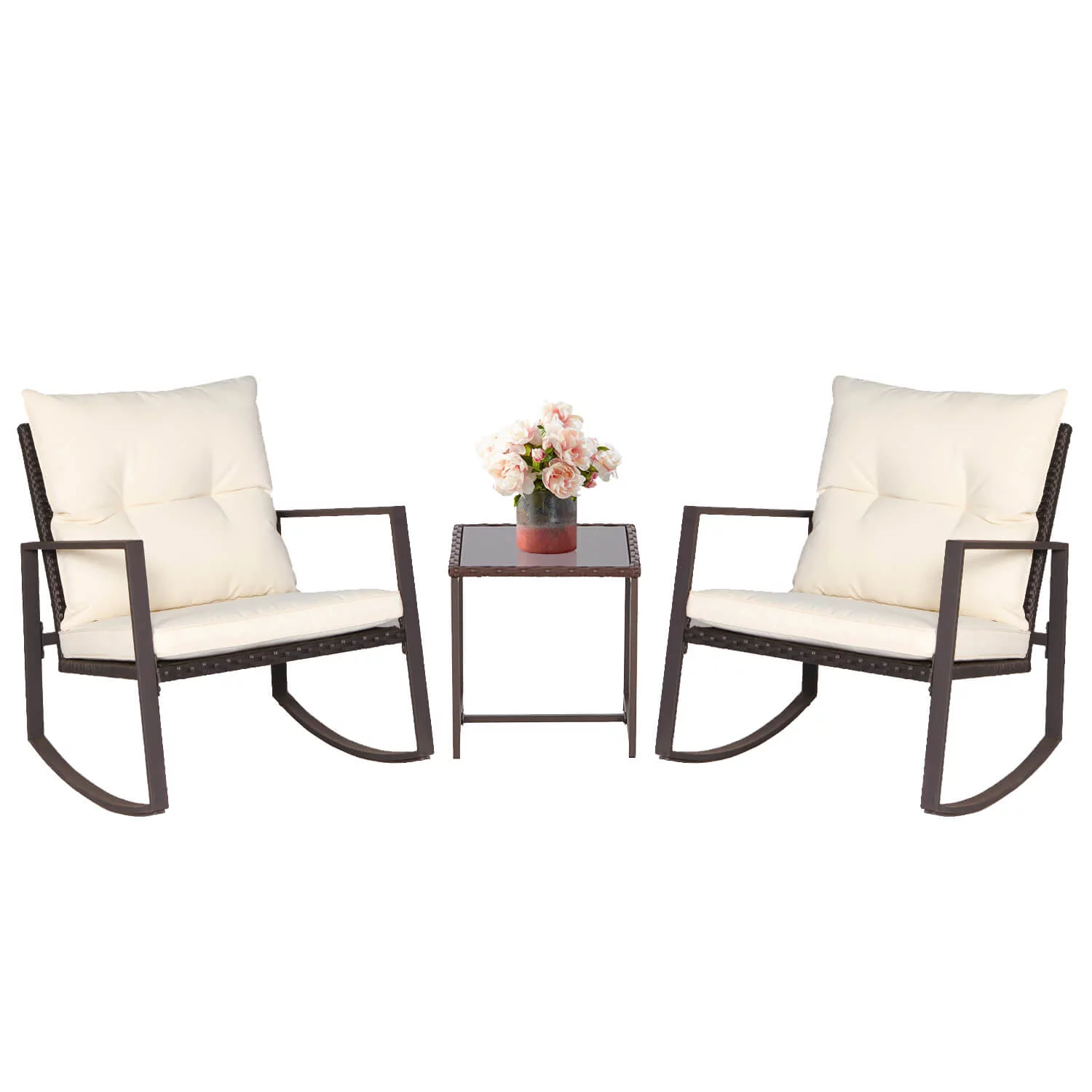 SOLAURA 3-Piece Outdoor Furniture Rocking Chairs Set, Brown Wicker Patio Rocking Chair with Beige Soft Cushions & Glass Coffee Table for Patio, Garden, Backyards and Pools