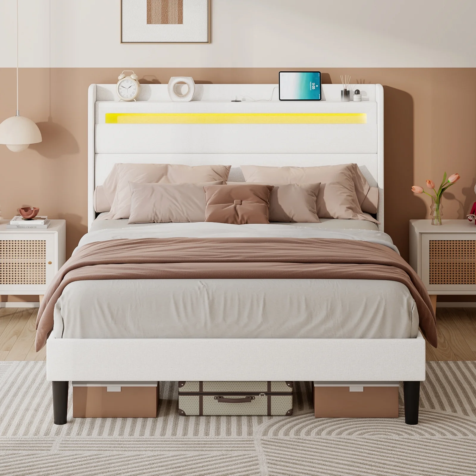 LUXOAK Queen Size Bed Frame with RGBW LED Light & Charging Station, 50