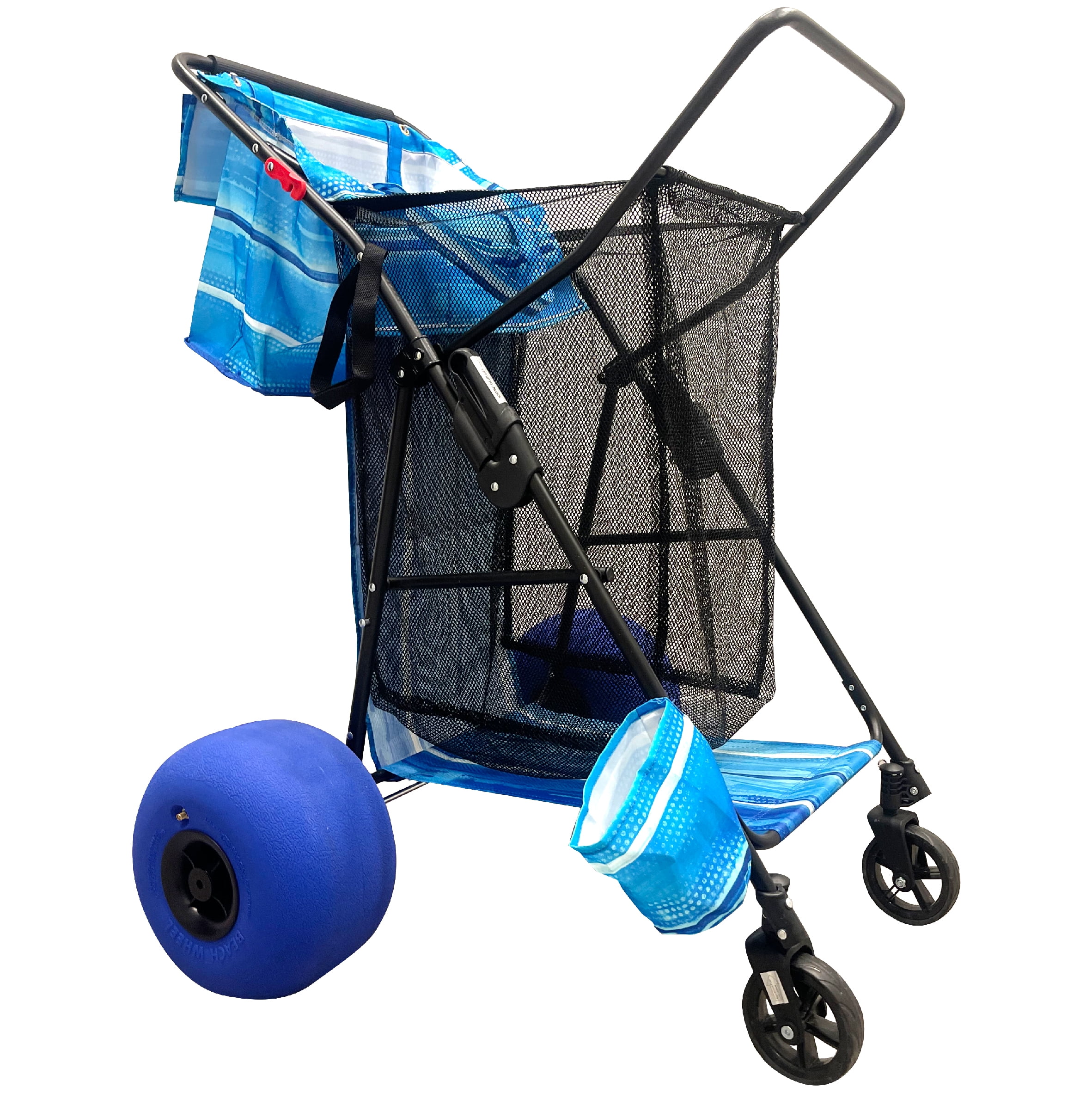 Beach Cart Balloon Wheel Deluxe Heavy Duty Folding Ocean Utility 13 x 7 Sand Wheels Holds 4 Folding Chairs Umbrella Holder Removable Beach Bag Blue Striped Pattern