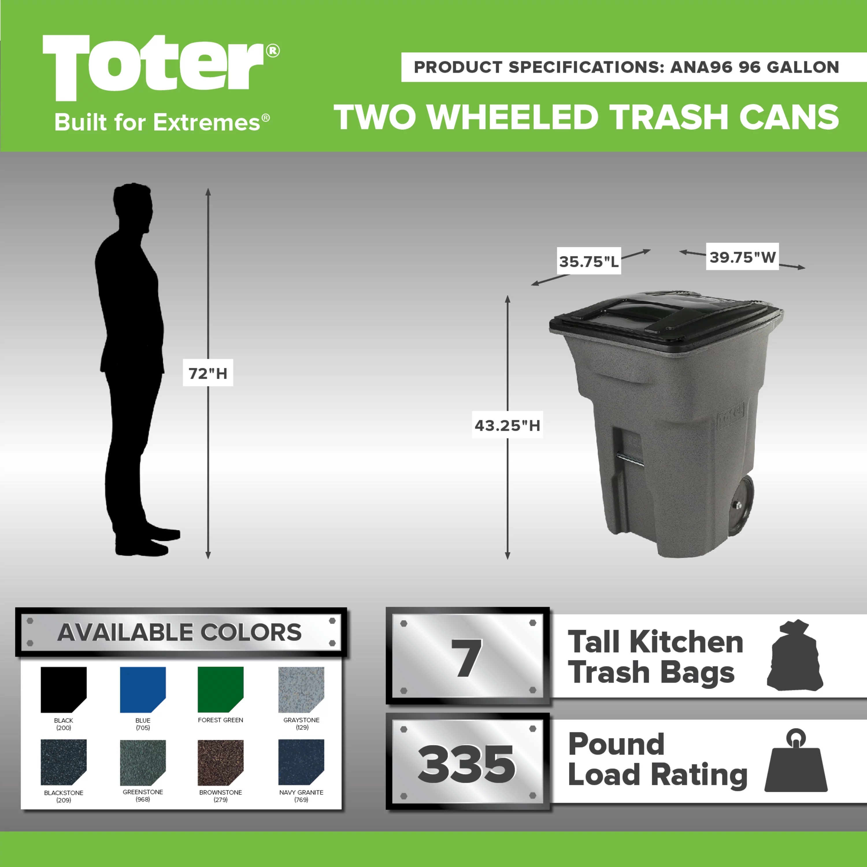 Toter 96 Gal. Trash Can Greenstone with Quiet Wheels and Lid