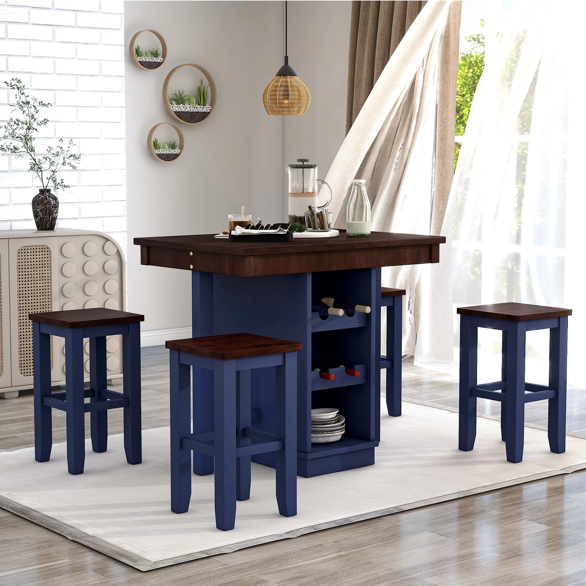 Bornmio TOPMAX Farmhouse 5-pieces Counter Height Dining Sets, Square Wood Table with 3-Tier Adjustable Storage Shelves and Wine Racks for Small Spaces, Set of 4 Stools, Brown and Blue