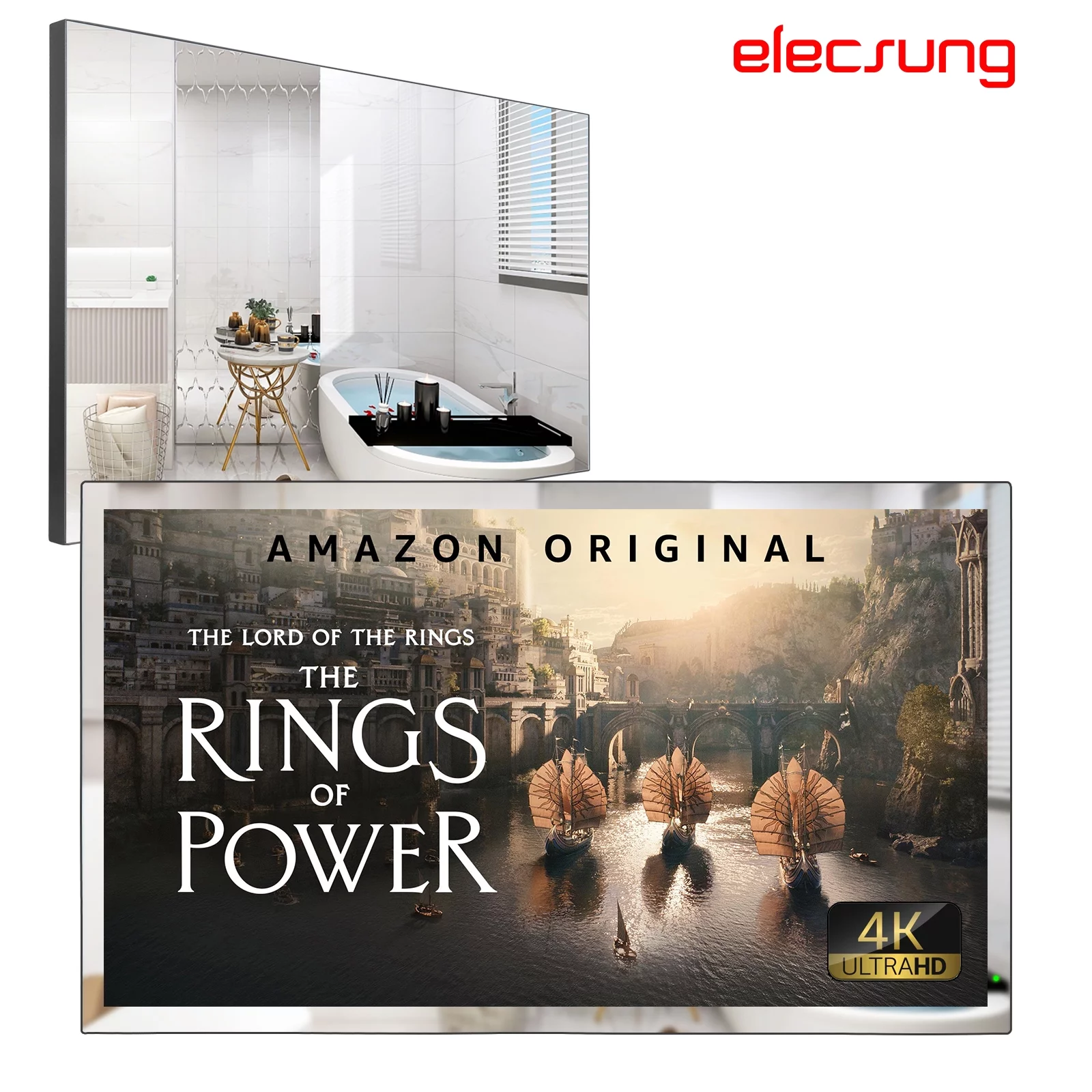 Elecsung 28 inches 4K LED TV webOS Smart Bathroom Waterproof Mirror IP65 SPA Hotel Television WiFi Voice Control ATSC