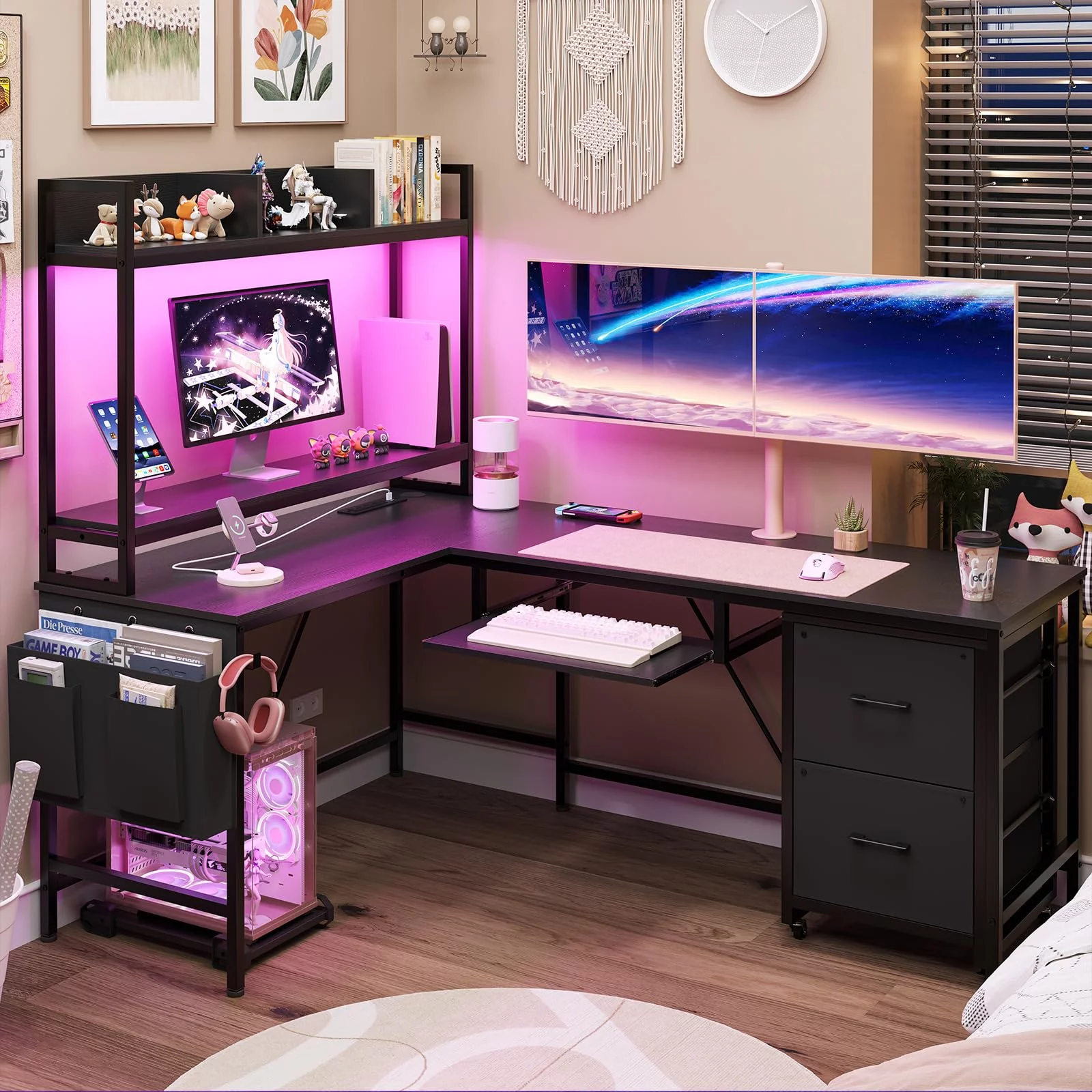 L Shaped Computer Desk with Power Outlet and LED Strip, Reversible Corner Gaming Desk with 2 Drawer and Keyboard Tray, Black