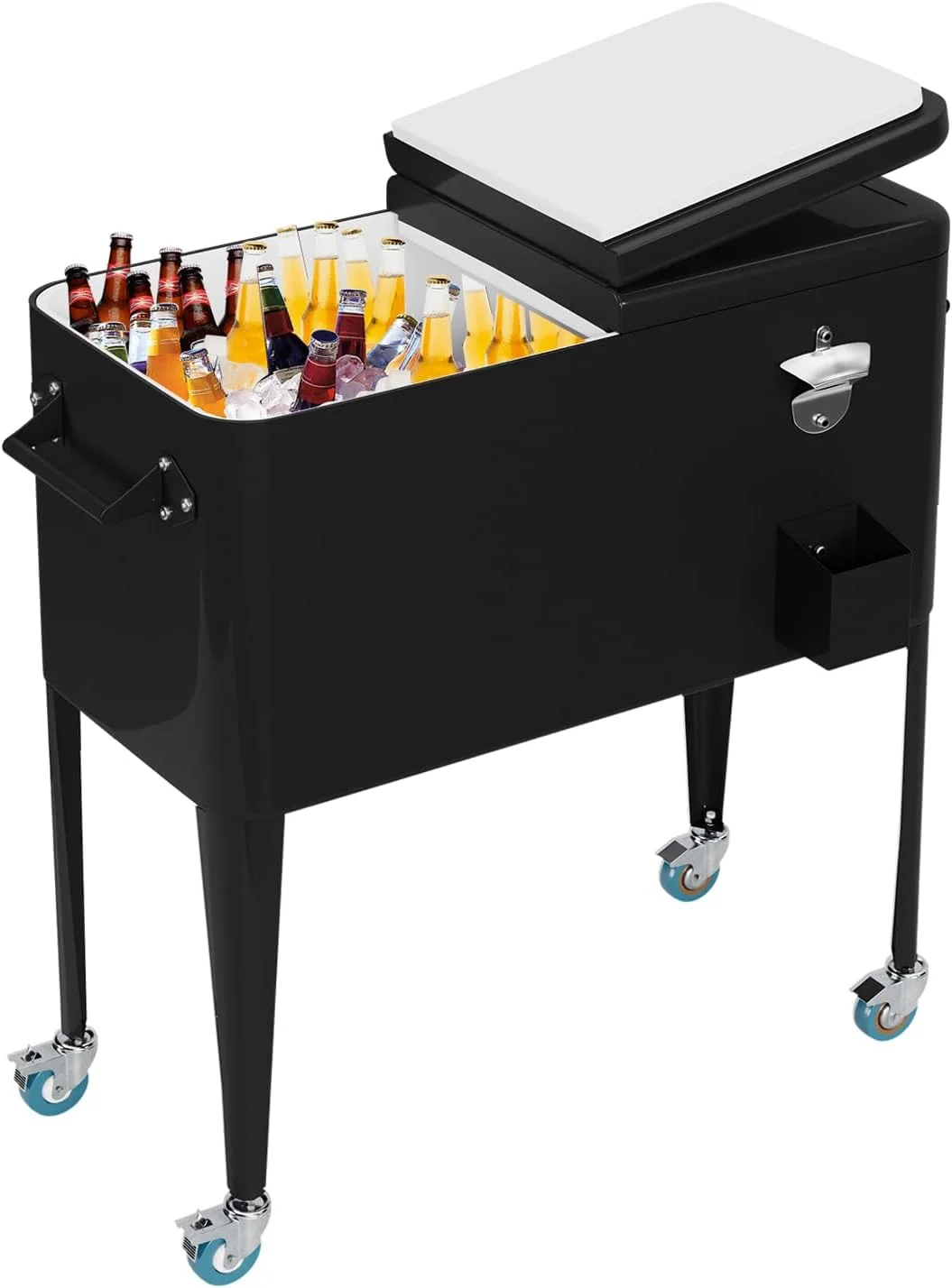 FDW 80 Quart Outdoor Cooler Cart Rolling Ice Cooler Ice Chest with Wheels Side Handles Bottle Opener Cap Catcher Portable Drink Cooler for Parties Poolside Patio BBQ Beach, Black