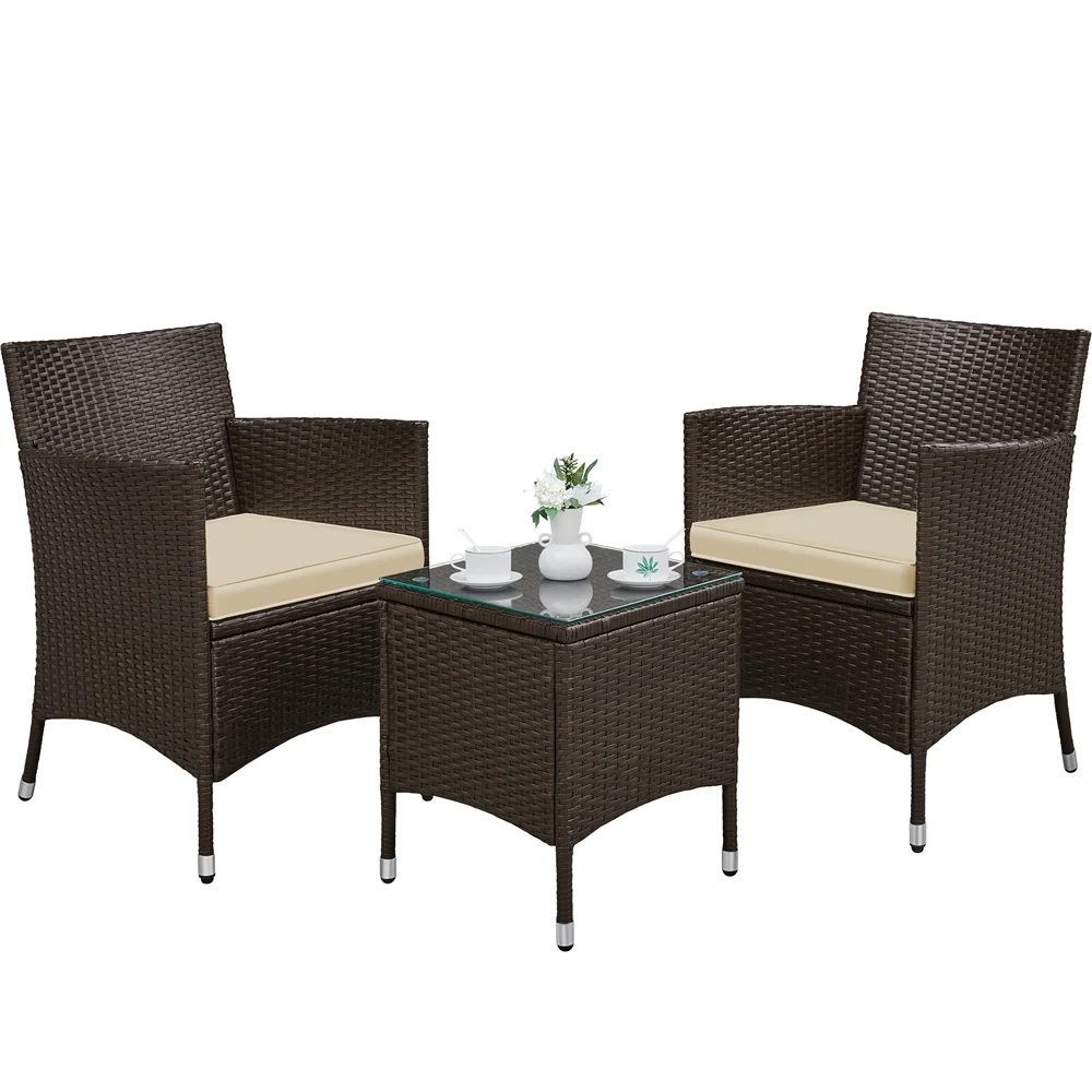 SmileMart Modern 3-Piece Bistro Set with Rattan Chairs and Table for Outdoor Patio, Brown with Beige Cushions