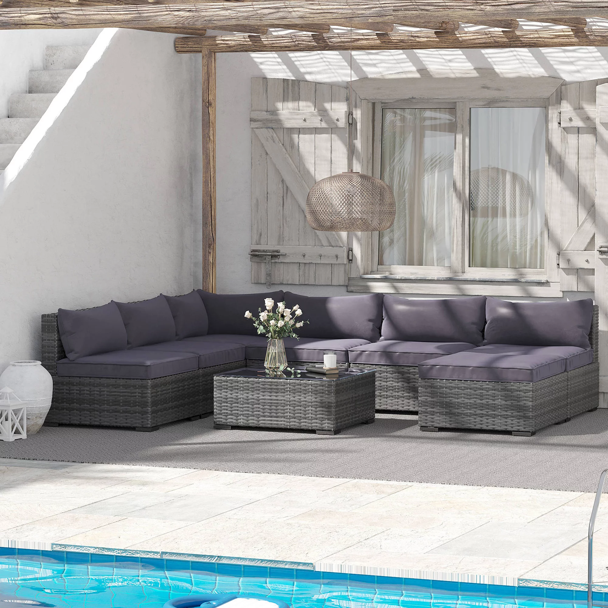 Outsunny Patio Furniture Set, 8 Pieces, Sectional Sofa, All Weather PE Rattan Conversation Set, Tempered Glass Table, 6 Seats, Ottoman Footstool, Cushions for Lawn, Backyard, Gray