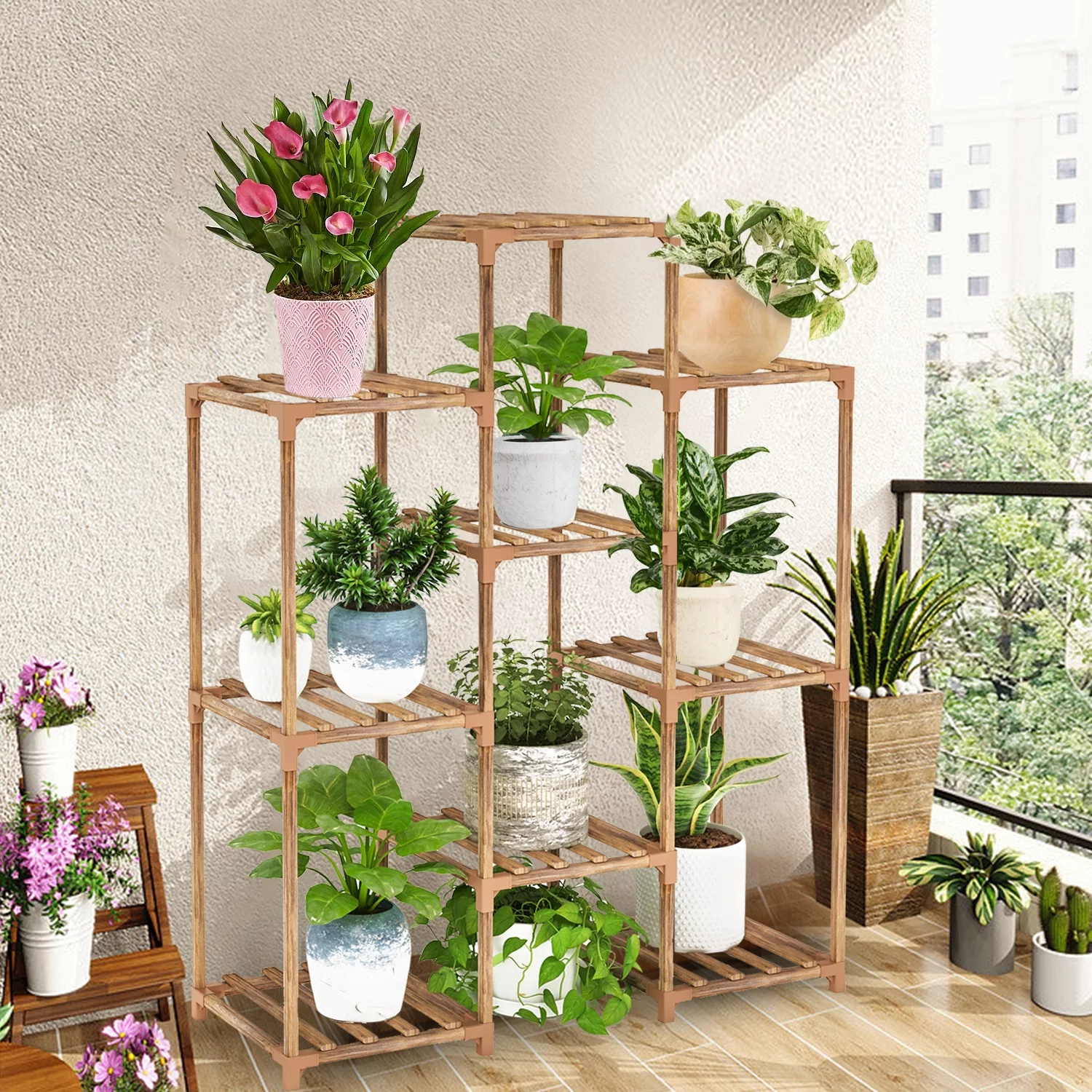 Legines Plant Stands - Indoor and Outdoor Use - Hold up to 9 Potted Plants, 6-Tier Wood Sh for Garden Balcony Patio and Living Room