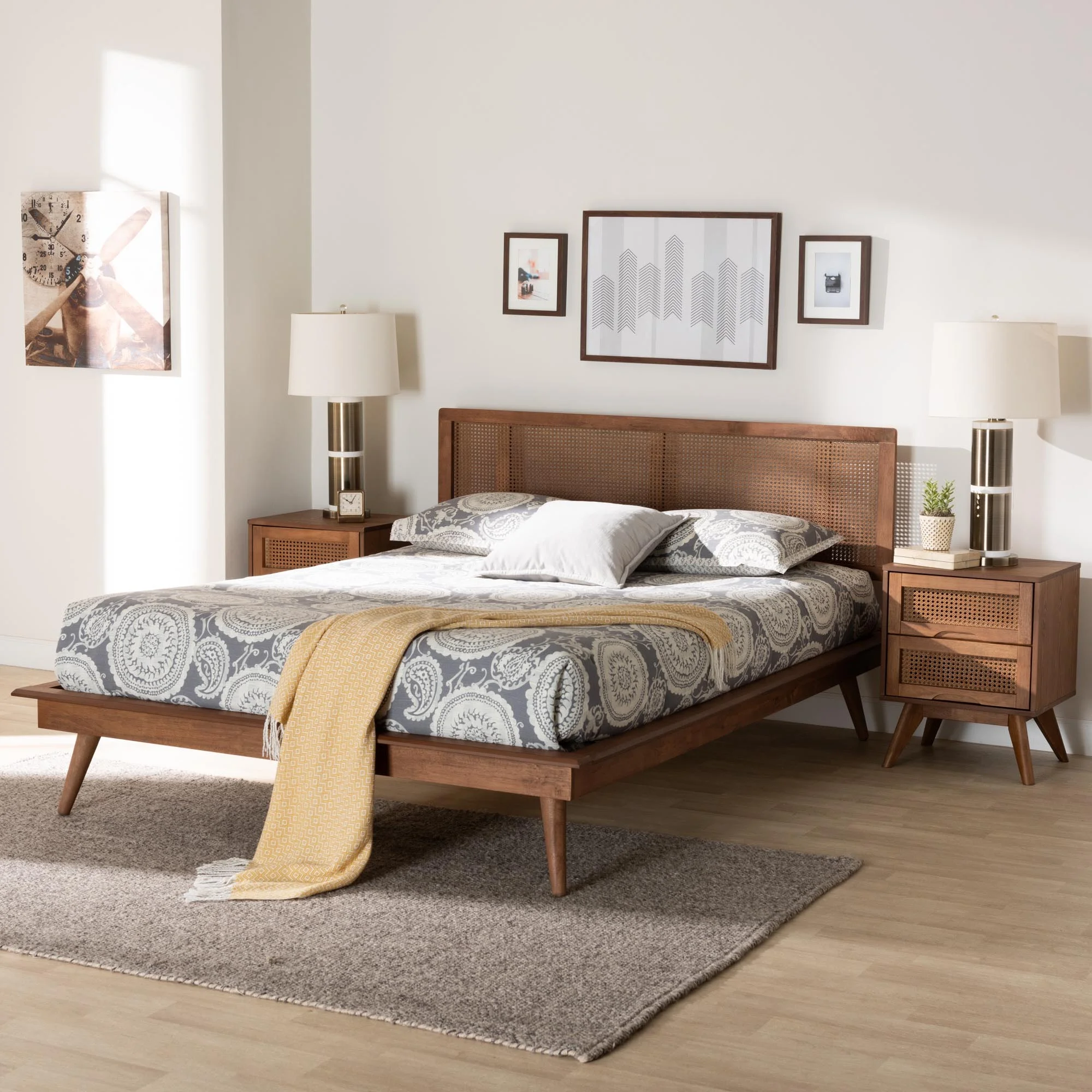 Baxton Studio Nura Mid-Century Modern Walnut Brown Finished Wood and Rattan Full Size 3-Piece Bedroom Set