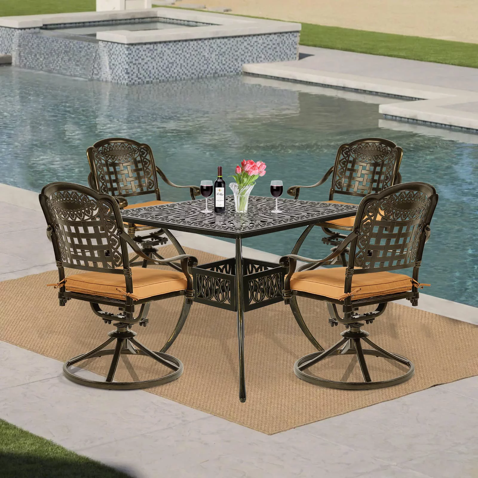 VIVIJASON 5-Piece Outdoor Patio Dining Set, All-Weather Cast Aluminum Conversation Set, Patio Furniture Set for Balcony Lawn Garden, Include 4 Swivel Cushioned Chairs, 1 Square Table w/Umbrella Hole
