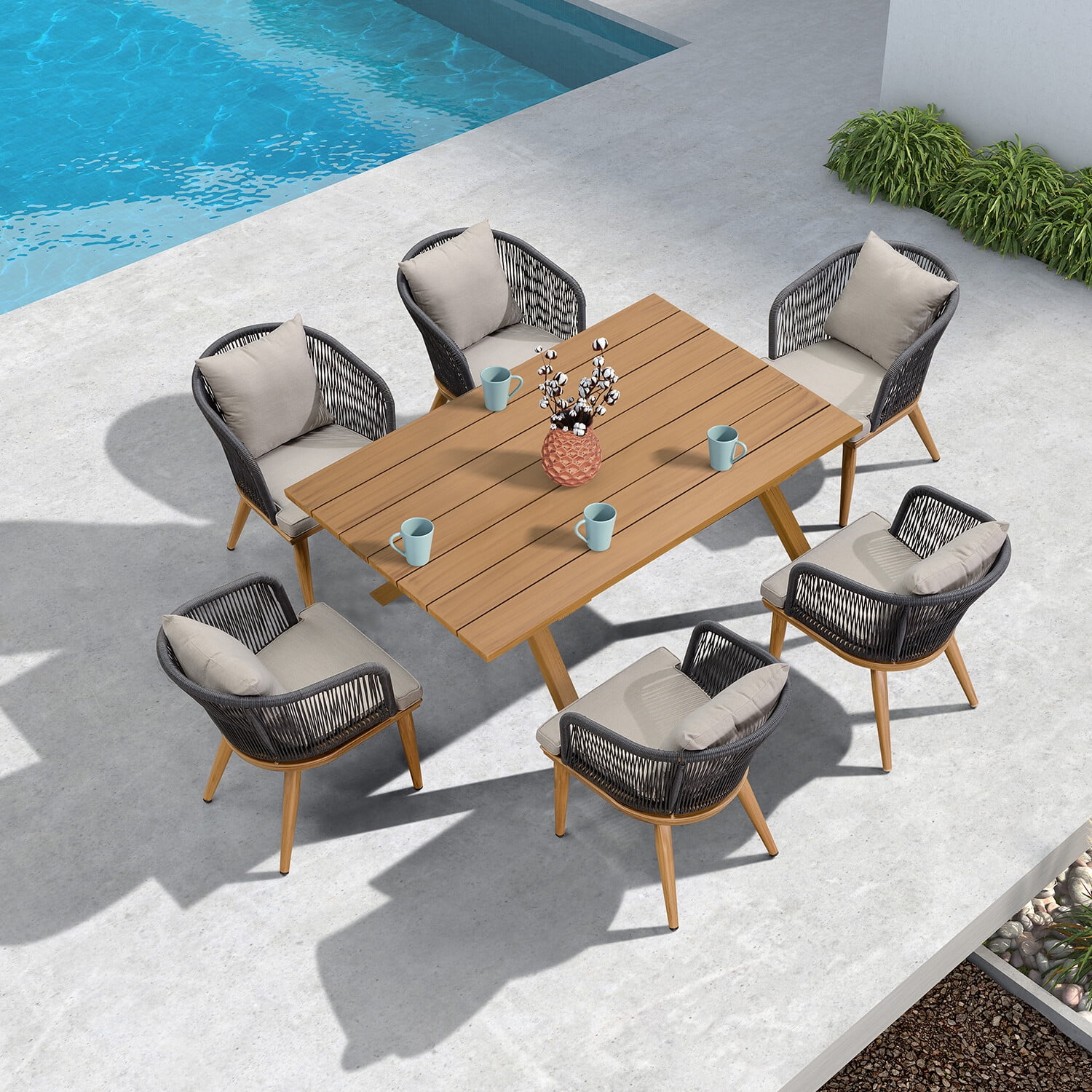 PURPLE LEAF Dining Set 7 Pieces Outdoor Patio Dining Set Teak-Finish Aluminum Frame Wicker Rectangular Table and Armchairs Patio Furniture Set for Garden Backyard Kitchen Set