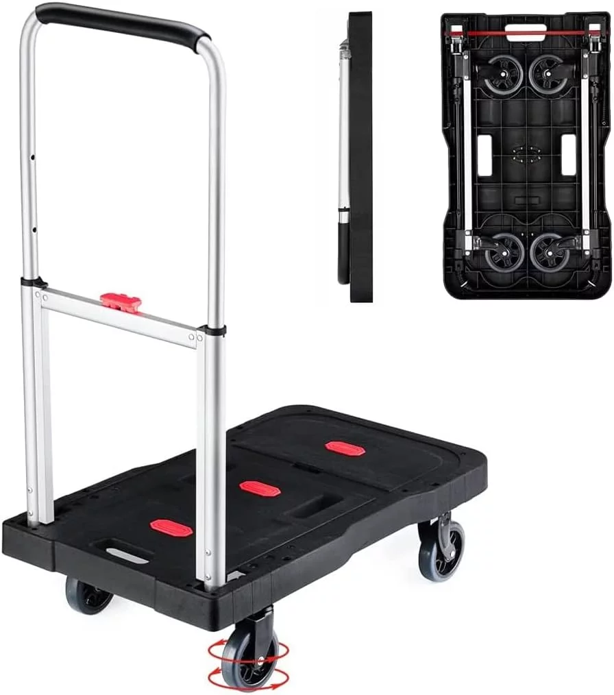 Folding Hand Truck 330 Lbs/150kg Heavy Duty Dolly Cart with 4 Wheels Portable Platform Truck Lightweight Foldable Utility Luggage Push Cart with Adjustable Handle for Auto, Luggage, Travel, Shopping