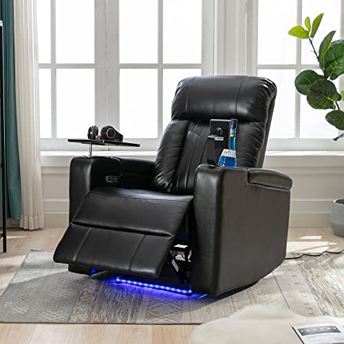 Merax Electric Recliner Chair with USB Charge Port, 360 Swivel Tray Table, Hand in-Arm Storage, and Cup Holders, Ambient Lighting - Ambient Lighting Gaming Recliner Chair Home Theater Seating(Brown)