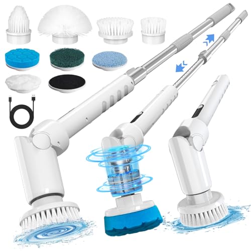 Electric Spin Scrubber - Cordless Cleaning Brush with Digital Display, 2 Speeds, 8 Brush Heads, IPX7 Waterproof, Adjustable Long Handle for Bathroom, Tub, Tile, Shower, and Car