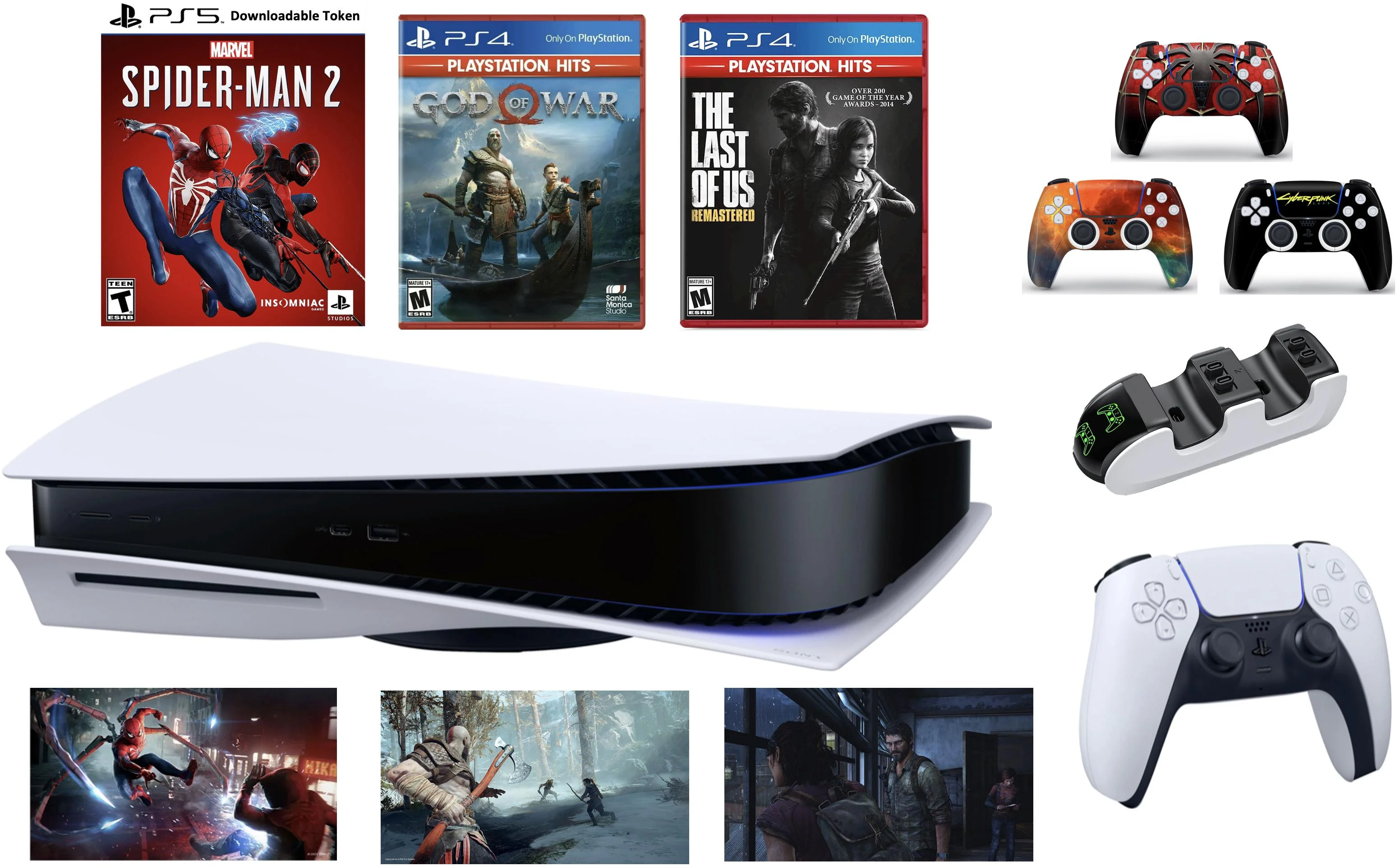 2023 PlayStation PS 5 Gaming Holiday Bundle:PS5_Disc Console with Marvel’s Spider-Man 2, God of War & The Last of Us Remastered +Wireless Controller+ Charging Dock + 3pcs Controller Skins