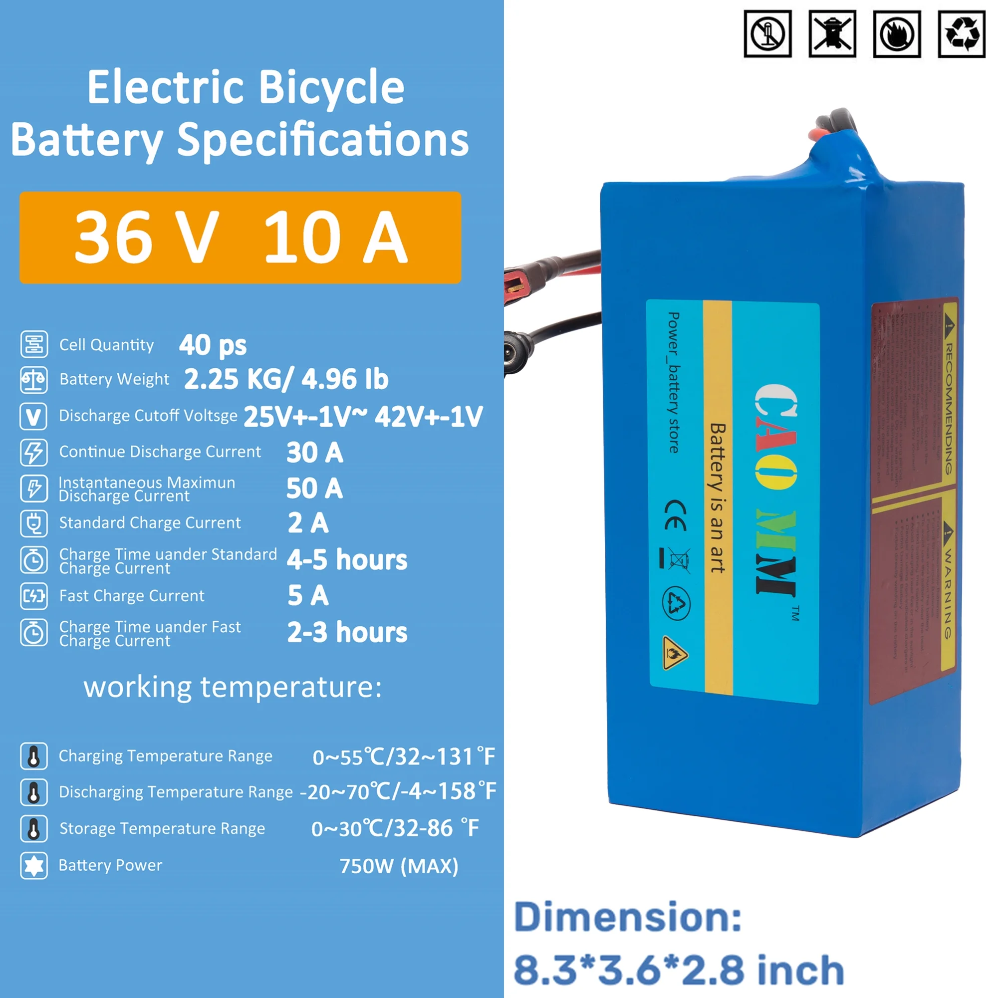 Ebike Battery 36V 10Ah Lithium Battery with 2A Charger XT60 36V Battery for 750W Electric Bike
