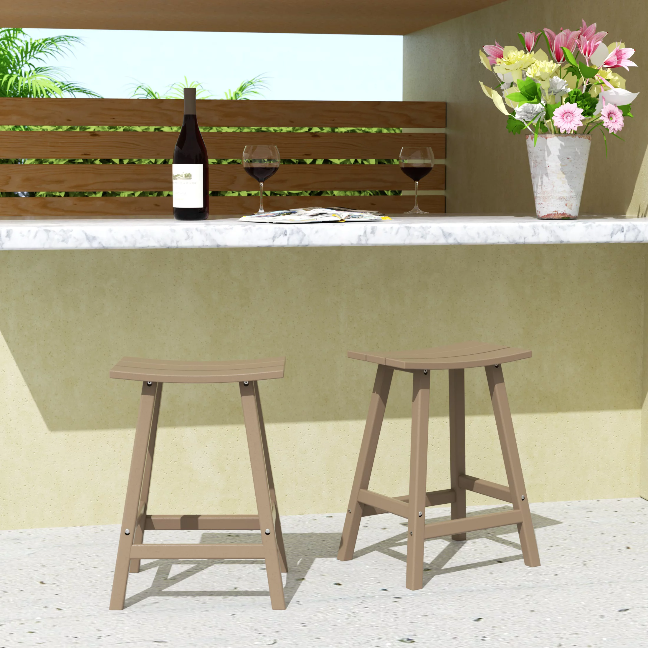WestinTrends Malibu 24 Inch Outdoor Bar Stools Set of 2, All Weather Resistant Poly Lumber Adirondack Counter Height Stools, Weathered Wood
