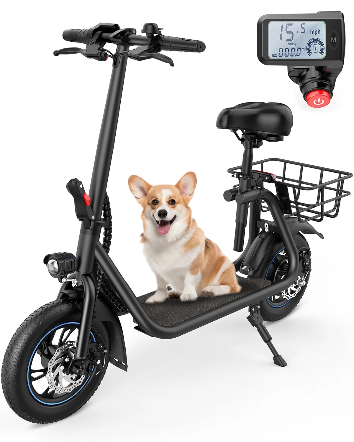 Kistp 450W Electric Scooter with Seat for Adult, 12 inch Commuter Electric Scooter with Basket - up to 21 Miles 15.5MPH