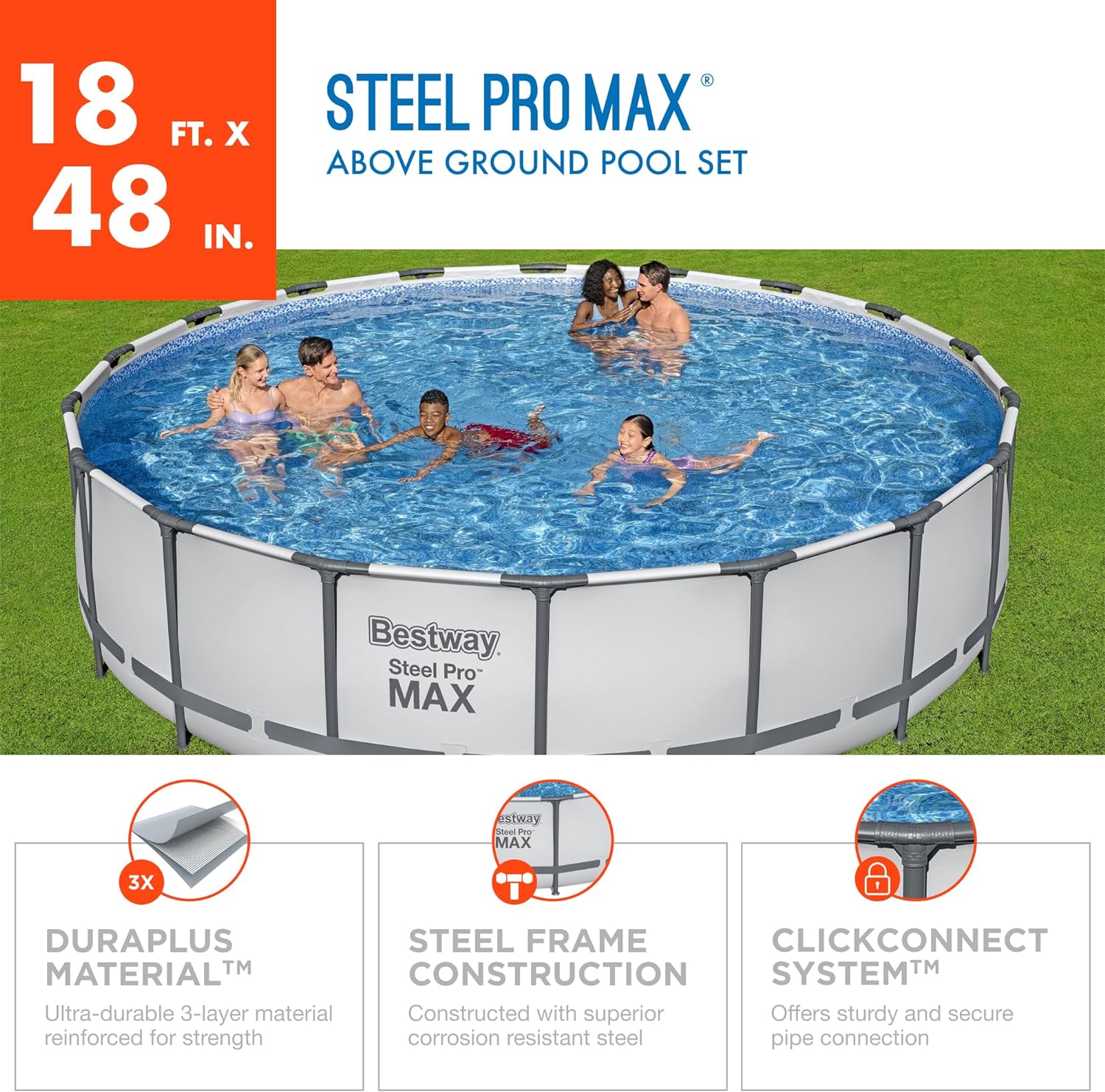 Bestway Steel Pro MAX 18 Foot x 48 Inch Round Metal Frame Above Ground Outdoor Swimming Pool Set with 1,000 Filter Pump, Ladder, and Cover