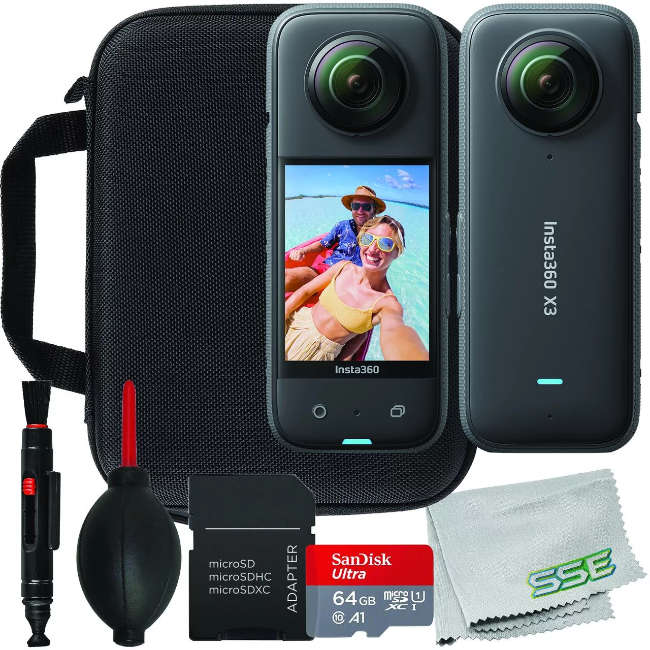 Insta360 ONE X3 with Ultimaxx Basic Bundle + SanDisk 64GB Ultra micro SDXC Memory Card, Water-Resistant Action Camera Case with Pre-Cut Foam Inserts & More (10pc Bundle)