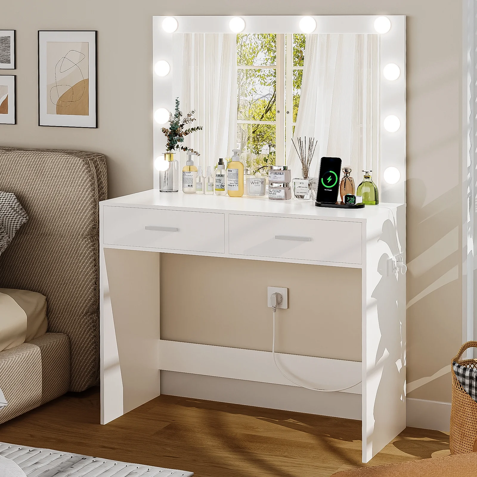 Usikey Makeup Vanity Desk with Lighted Mirror & Charging Station and 2 Drawers for Bedroom, White