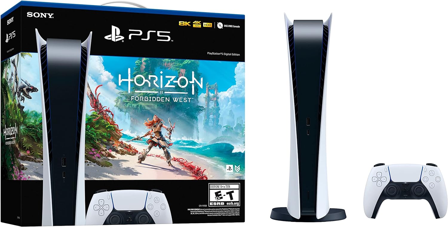 Sony PS5 Playstation 5 Digital Edition Console Horizon Forbidden West Bundle - 16GB GDDR6 Memory, Ultra-High Speed 825GB SSD, WiFi 6, Bluetooth 5.1, Ethernet, 4K-TV Gaming, Tempest 3D AudioTech