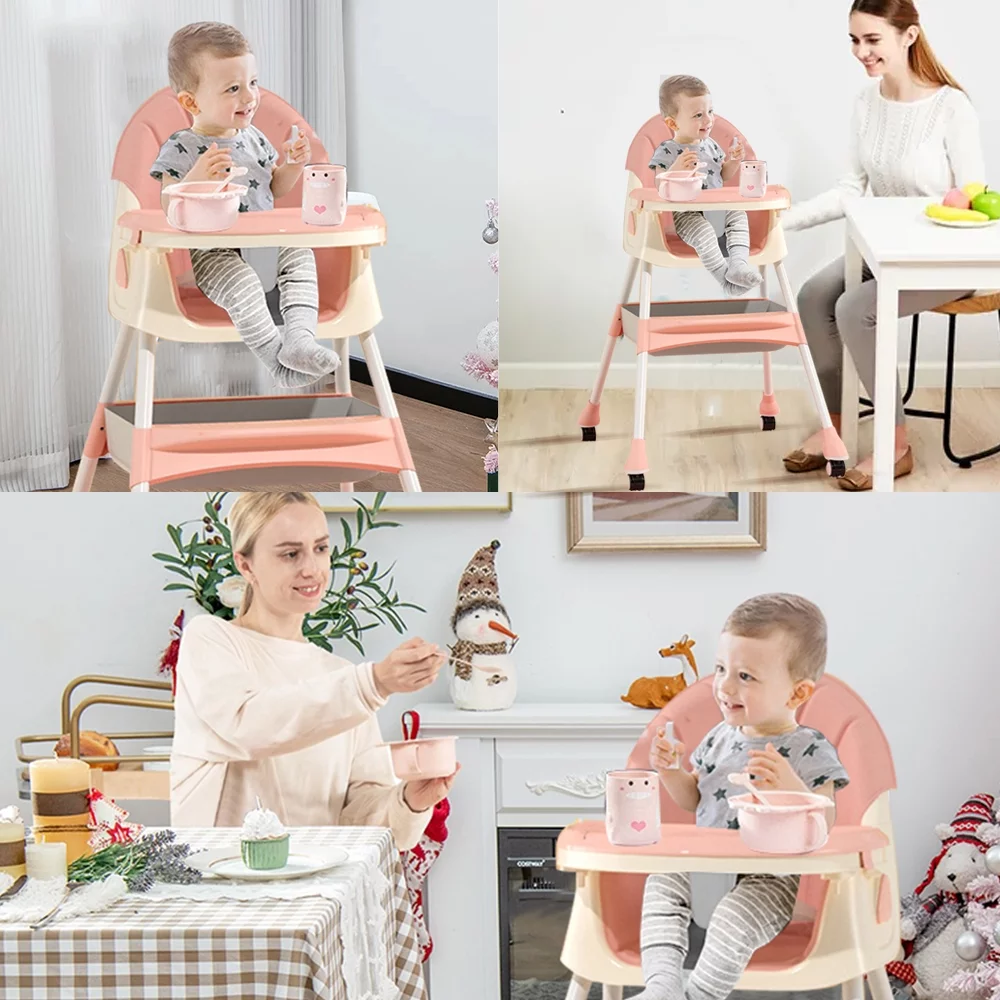 JOJOLAM Baby High Chair, 4-in-1 Foldable Highchair Dining Feeding Chair with Five-Point Harness Double Dining Plate & Toy Rack, Infant to Toddler, Pink