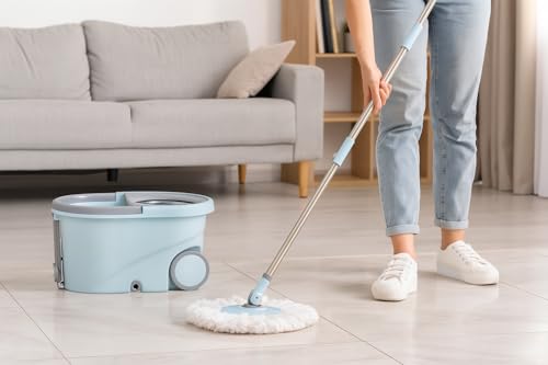Grazie Spin Mop and Bucket with Wringer – 360° Microfiber Mop, Stainless Steel Handle, Built-in Wheels & Drain, for Tile, Hardwood & Laminate Floors – Includes Mop Head Refills