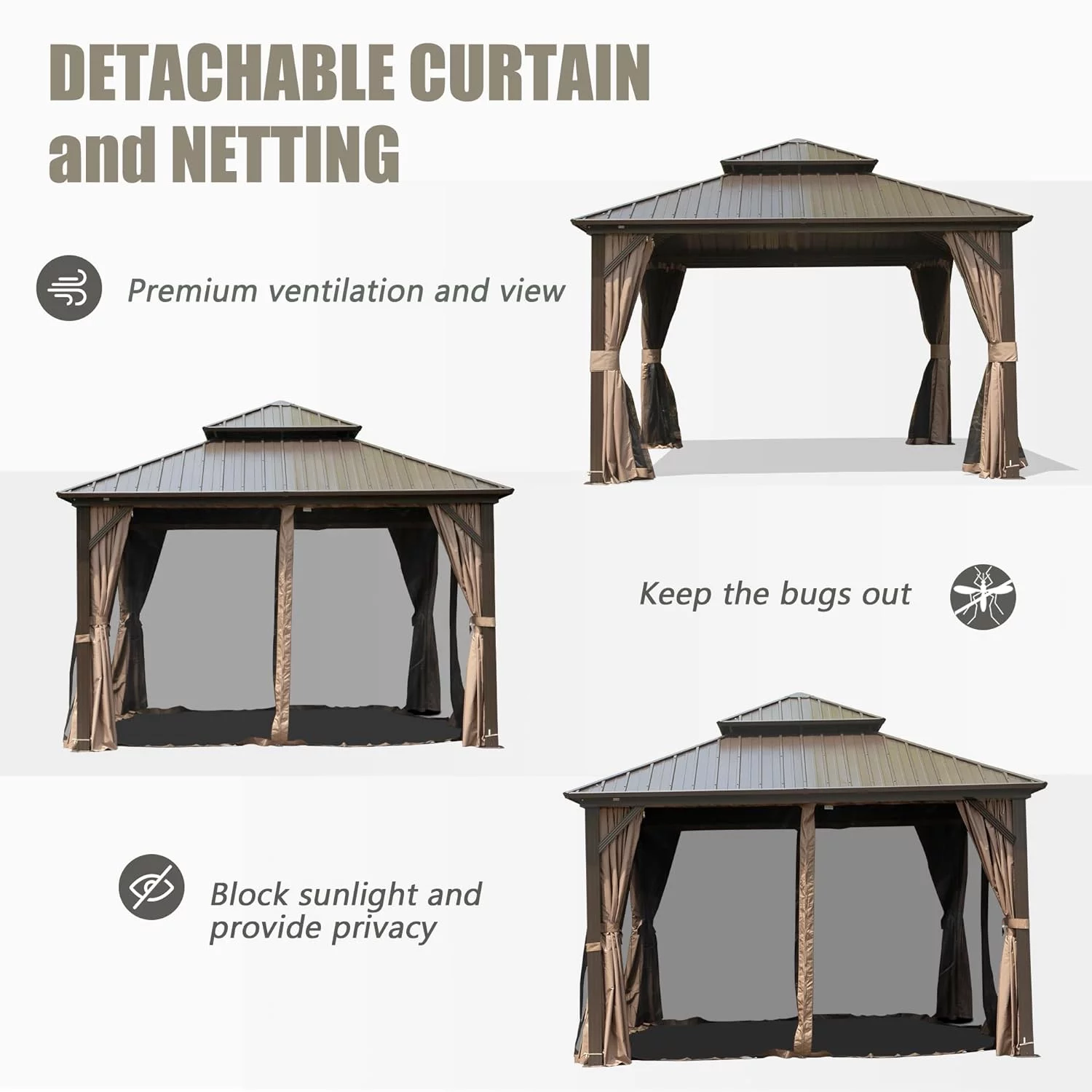 Domi Outdoor living10x10x9.5ft Hardtop Gazebo Double Roof Canopy Metal,w/Galvanized Steel,Curtain&Netting,Permanent Gazebo Pavilion