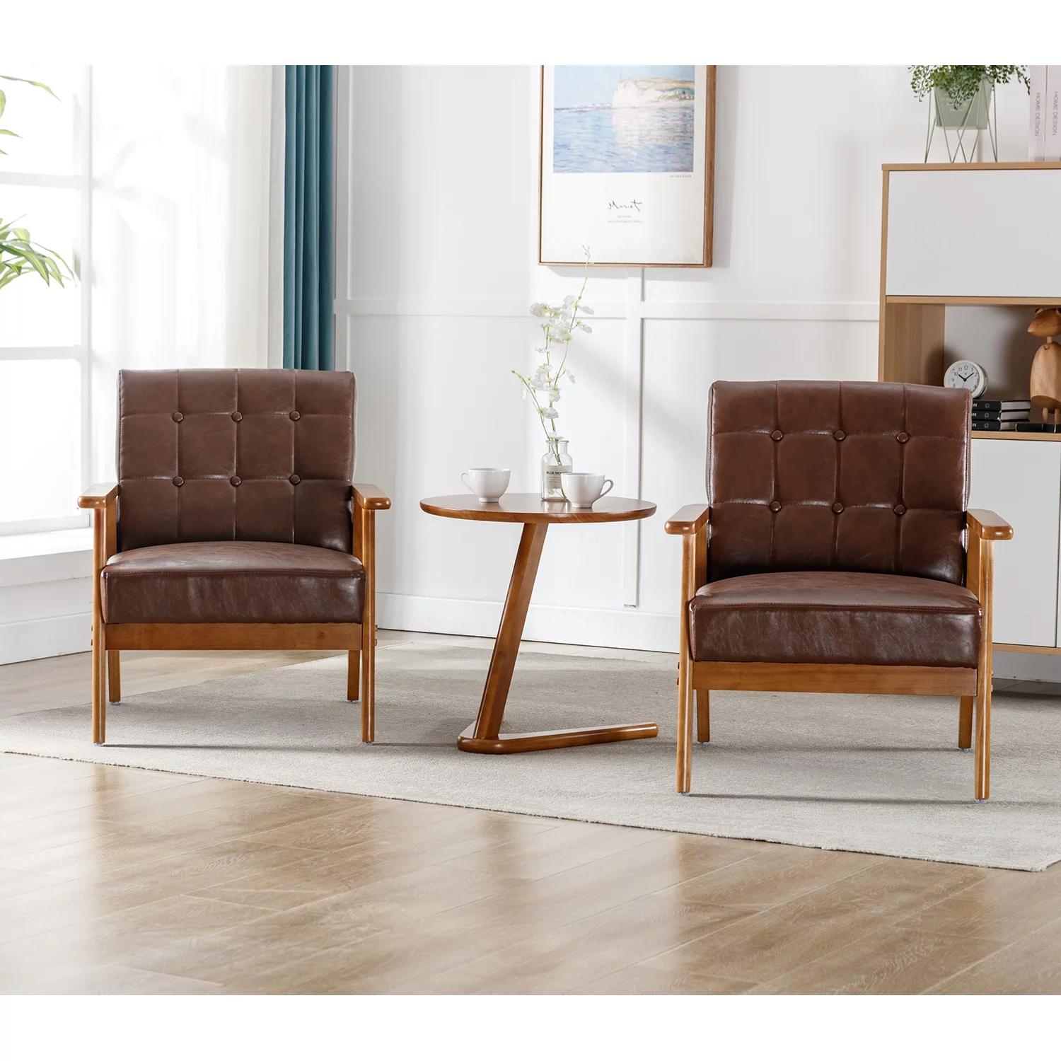 Ufurpie Set of 2 Accent Chairs with Side Table, Mid Century Modern PU Leather Chair,Upholstery Armchair for Living Room Bedroom Office,Brown