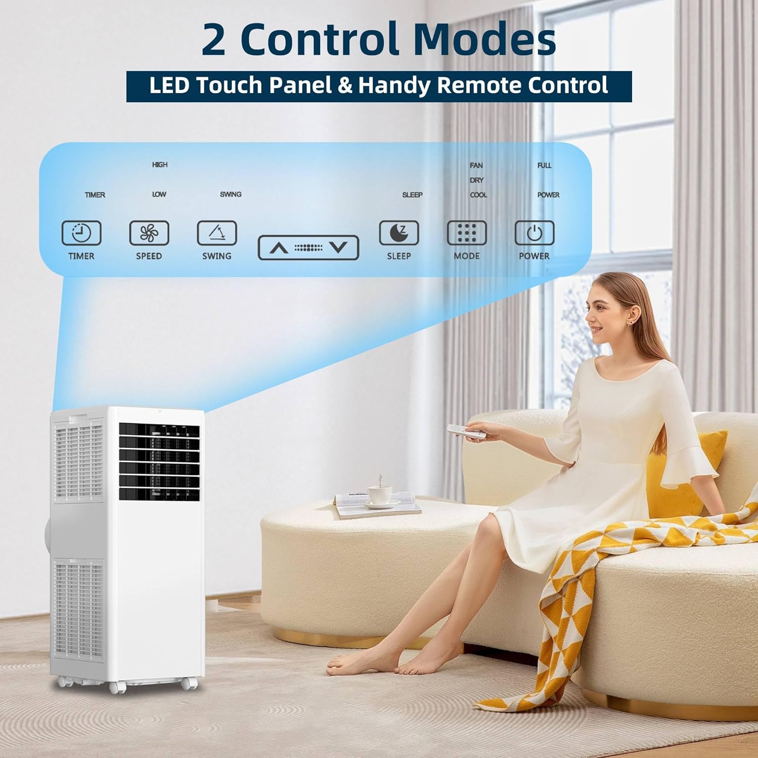 8,000 BTU Air Conditioner Portable for 350 Sq. Ft. with Remote Control, LED Touch Screen, 3-in-1 Function/24 Hour Timer/Casters for Home