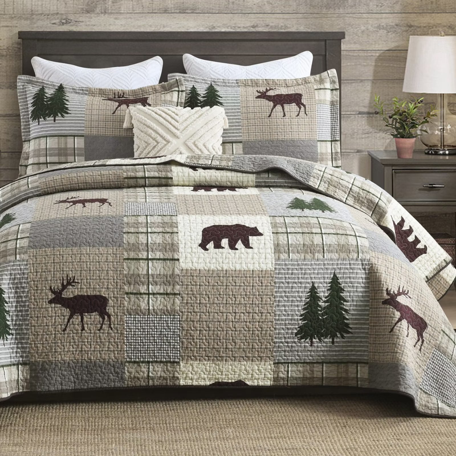 Bedduvit Cotton Quilt for Queen Bed - 100% Cotton Summer Lightweight Queen Quilt, Brown Gray Patchwork Plaid Quilt Bedspread, Bear & Deer & Tree Farmhouse 3-Piece Quilt Comforter Set, 98x106
